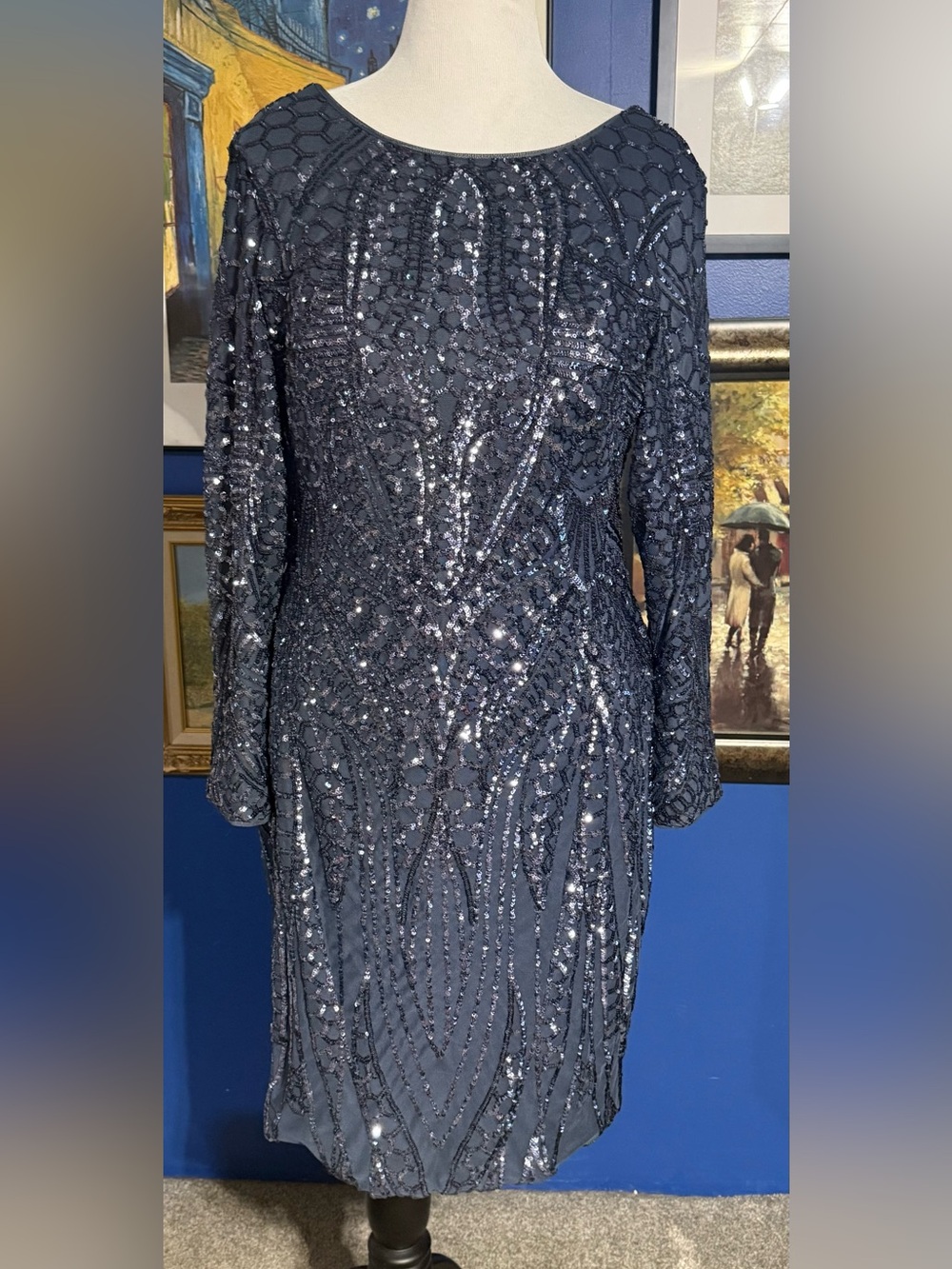 Night Way Collections Midnight Navy Beaded Long-Sleeve Dress